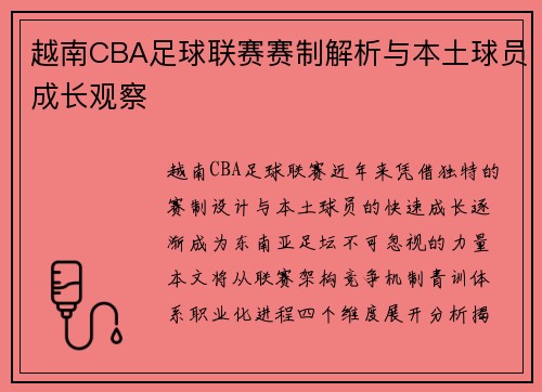 越南CBA足球联赛赛制解析与本土球员成长观察