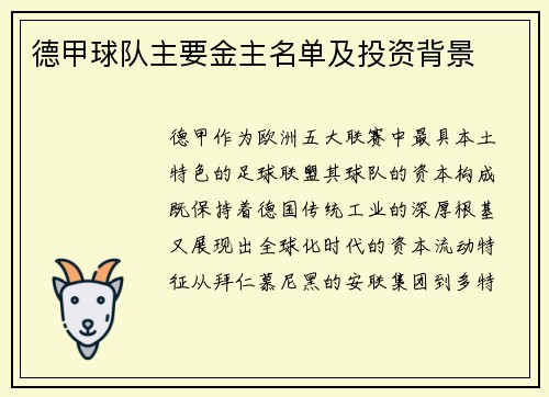 德甲球队主要金主名单及投资背景