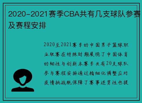2020-2021赛季CBA共有几支球队参赛及赛程安排